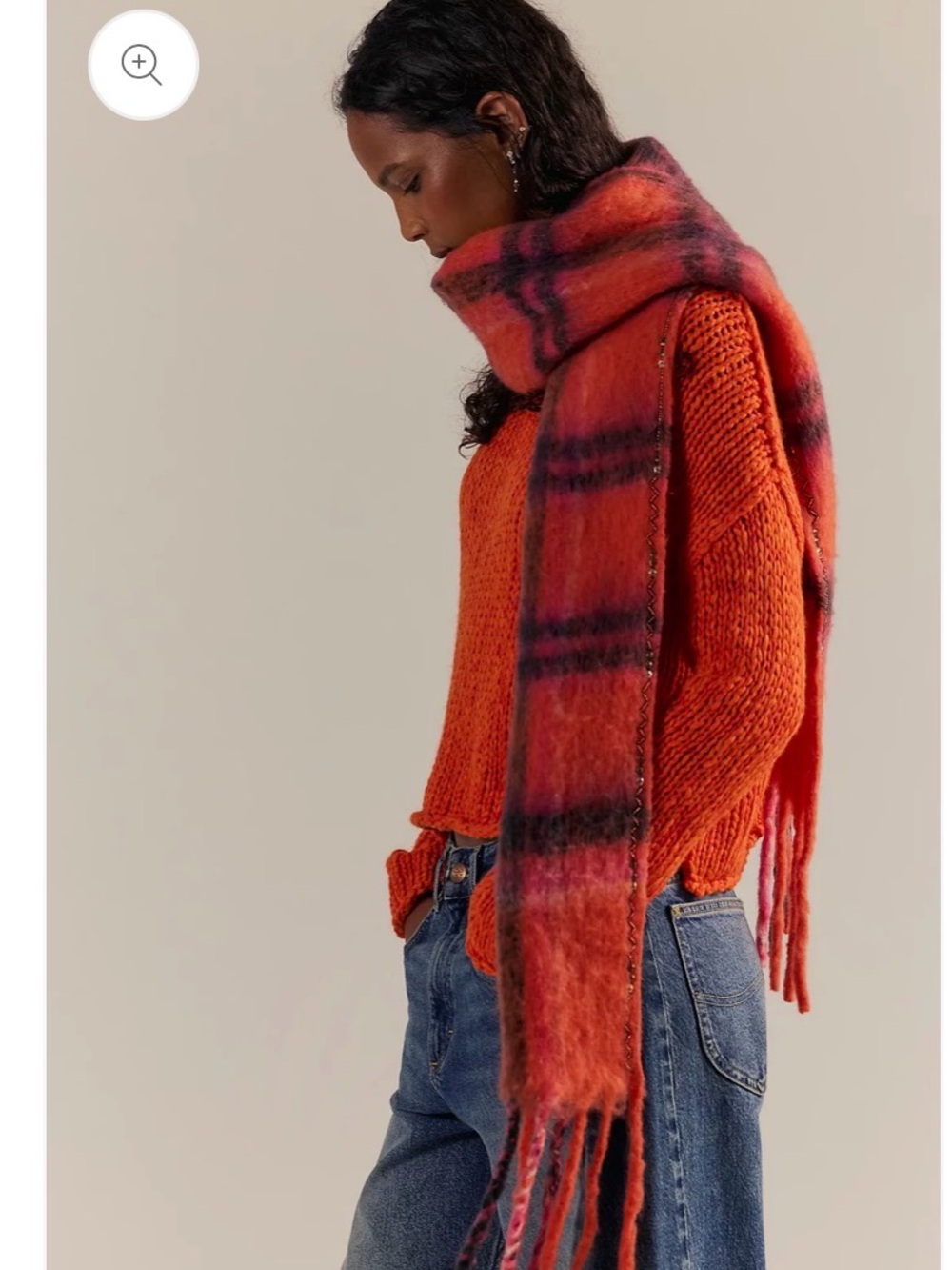 Free People Red Plaid Fringe Wool Scarf - Picture 2 of 7